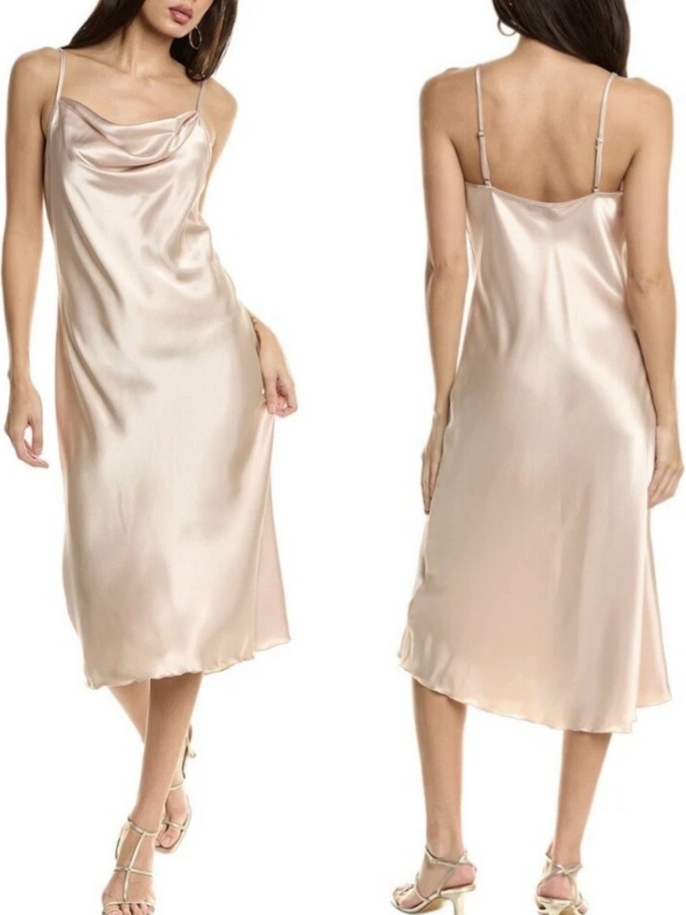 BEBE Satin Slip Dress Cowl Neck Midi Champagne Y2K Minimalist Date Night NWT